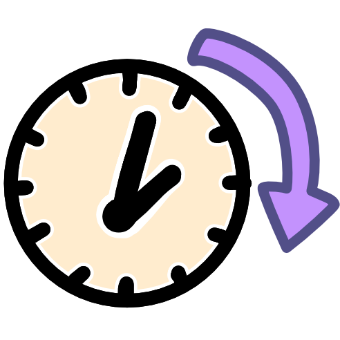 an off white clock with a curved purple arrow pointing from the top of the clock to just below the center of the clock.